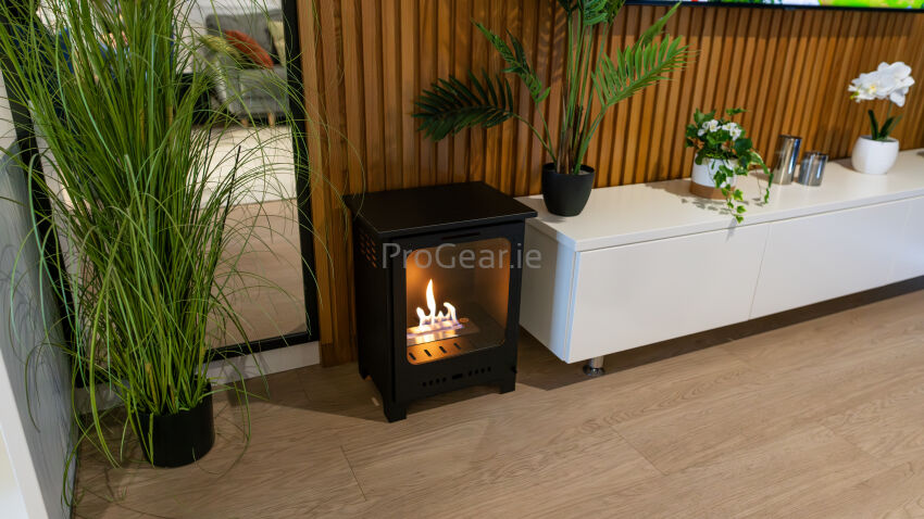Koza Mini Freestanding Bioethanol Fireplace – Matte Black with Glass